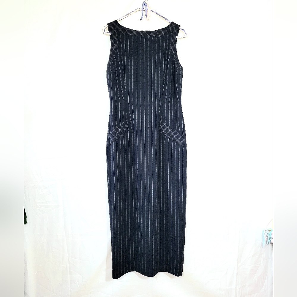 90s Maggy London vintage pinstripe plaid casual fitted dress lightweight pockets